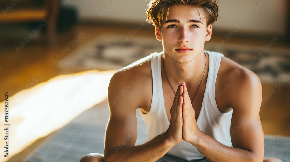 Muscular man doing yoga in a bright living room, peaceful pose, indoor lighting, full-body shot.
