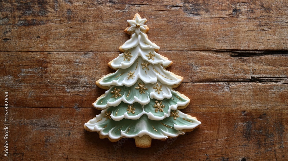 Decorative Christmas tree cookie adorned with traditional icing on a rustic wooden background for holiday celebrations and baking ideas Decorative Christmas tree cookie adorned with traditional icing on a rustic wooden background for holiday celebrations and baking ideas