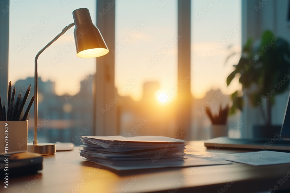 A serene office desk with a lamp, papers, and a sunset view. A serene office desk with a lamp, papers, and a sunset view.