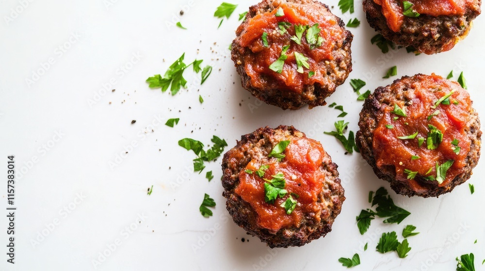 Homemade meatloaves with tomato sauce garnished with fresh parsley on a white background showcasing delicious comfort food arrangement. Homemade meatloaves with tomato sauce garnished with fresh parsley on a white background showcasing delicious comfort food arrangement.
