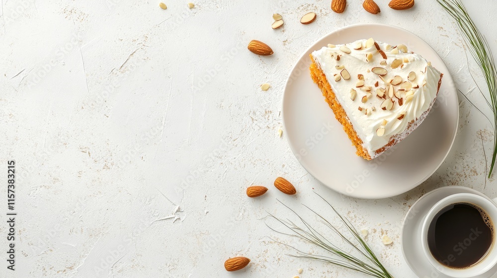Homemade carrot cake slice with cream and almonds beside coffee cup on textured white background horizontal view Homemade carrot cake slice with cream and almonds beside coffee cup on textured white background horizontal view