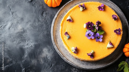 Homemade cheesecake with marzipan pumpkins and violets on stone table top view autumn dessert copy space for seasonal recipes photo