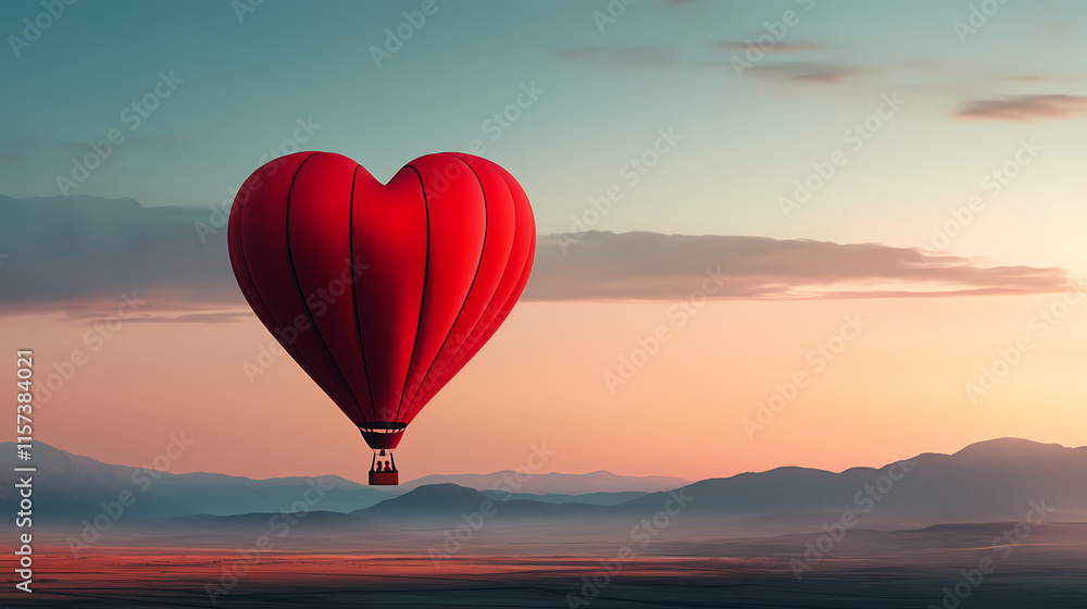 Fototapeta premium A vibrant heart-shaped hot air balloon floats over serene mountains at sunset, symbolizing love and adventure.