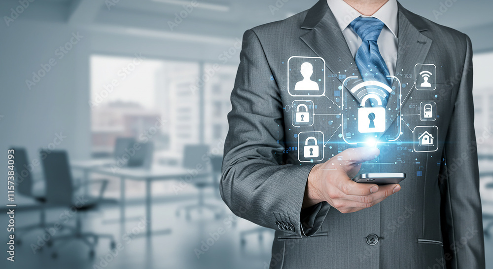 Secure Mobile Access Businessman Using Smartphone for Data Protection Cybersecurity