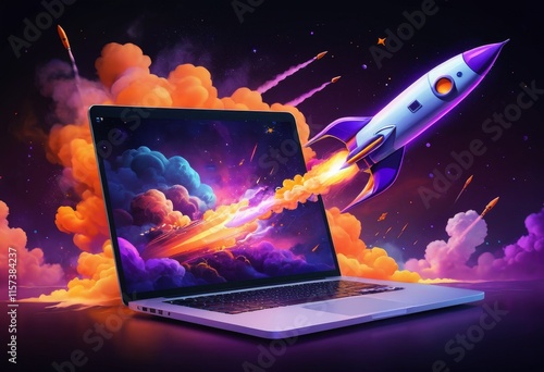 Digital Launch: Rocket blasting off from a laptop screen, symbolizing a new beginning in the digital world. A vibrant, cosmic scene filled with energy and excitement. photo