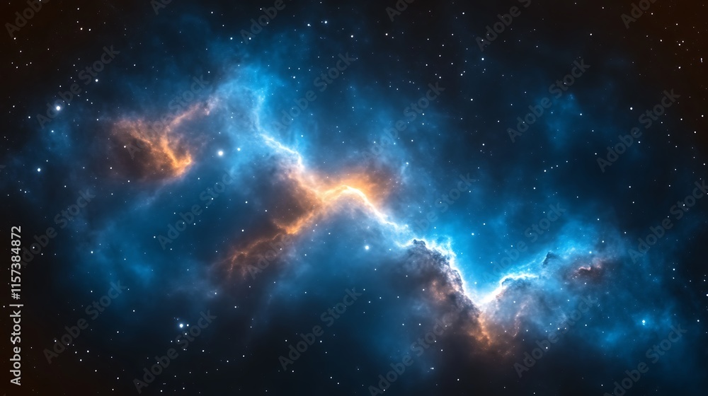 Fototapeta premium Cosmic nebula with blue and orange glowing gas clouds.