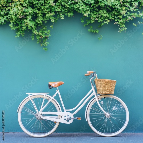 White bicycle with basket against teal wall. photo