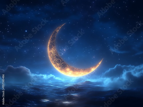 Ornate crescent moon glowing in night sky. (8) photo