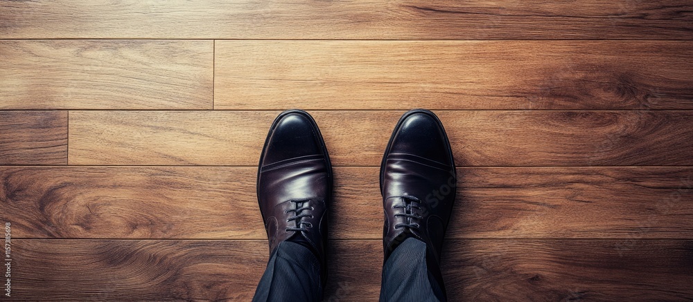 Stylish male legs in a tailored suit standing on a polished wooden floor showcasing formal shoes with ample blank space for text integration