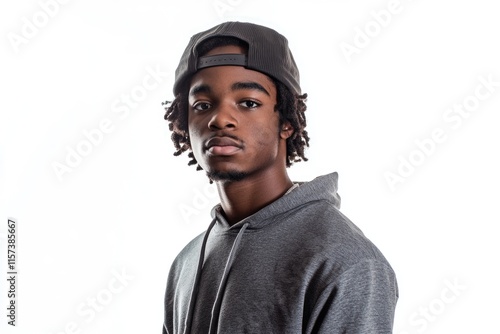 portrait of young rapper in the studio on a white background photo