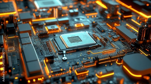 Close-up of a CPU on a motherboard with glowing circuits.
