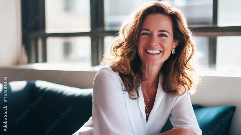 Portrait of Woman in White Blouse Sitting on Teal Couch. Advertisement Banner, Business Banner. Portrait of Woman in White Blouse Sitting on Teal Couch. Advertisement Banner, Business Banner.