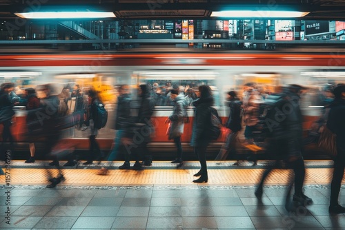 A blurry image of a train station with a large crowd of people waiting to board