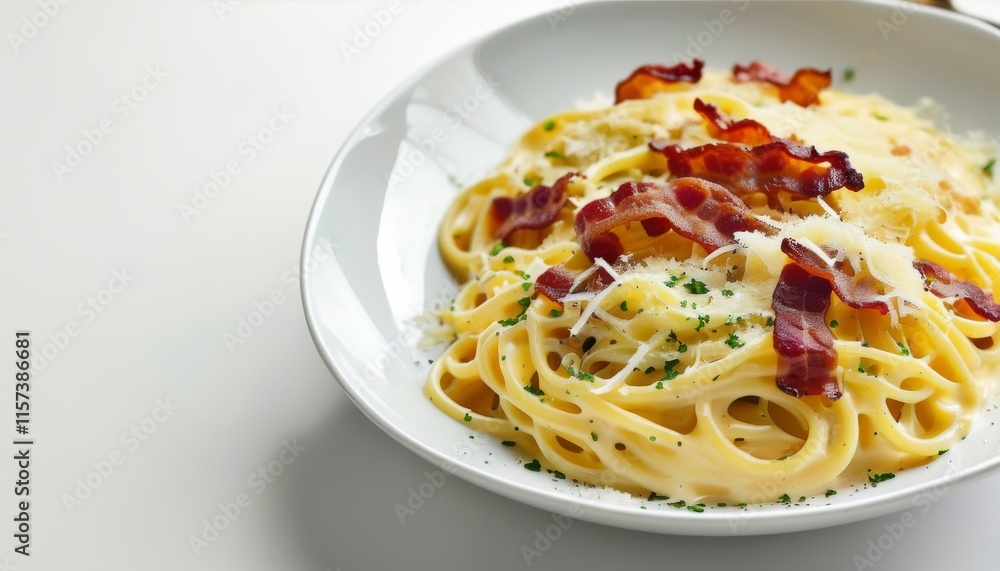Creamy Spaghetti Carbonara with Crispy Bacon on a White Plate for Dining Experience Creamy Spaghetti Carbonara with Crispy Bacon on a White Plate for Dining Experience