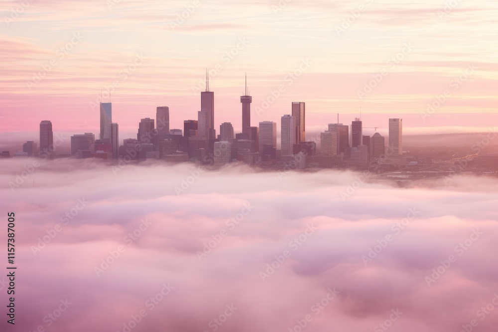 Fototapeta premium Foggy city skyline silhouette in soft pastel pink and blue hues at dawn or dusk, tranquil view