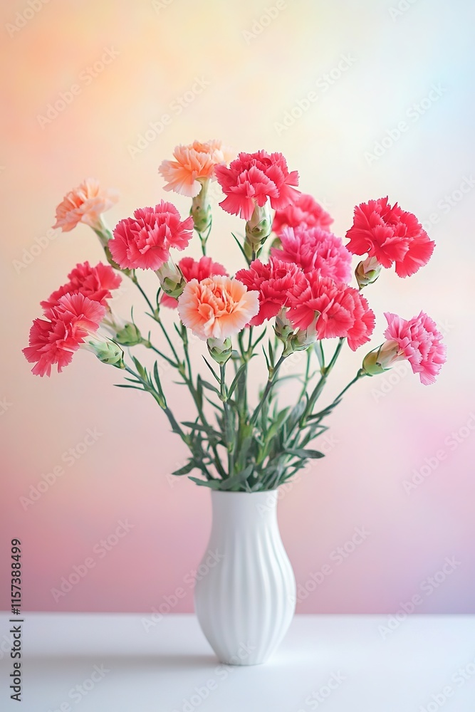 delicate vase filled with vibrant carnations placed on clean white surface with softly blurred pastel background delicate vase filled with vibrant carnations placed on clean white surface with softly blurred pastel background