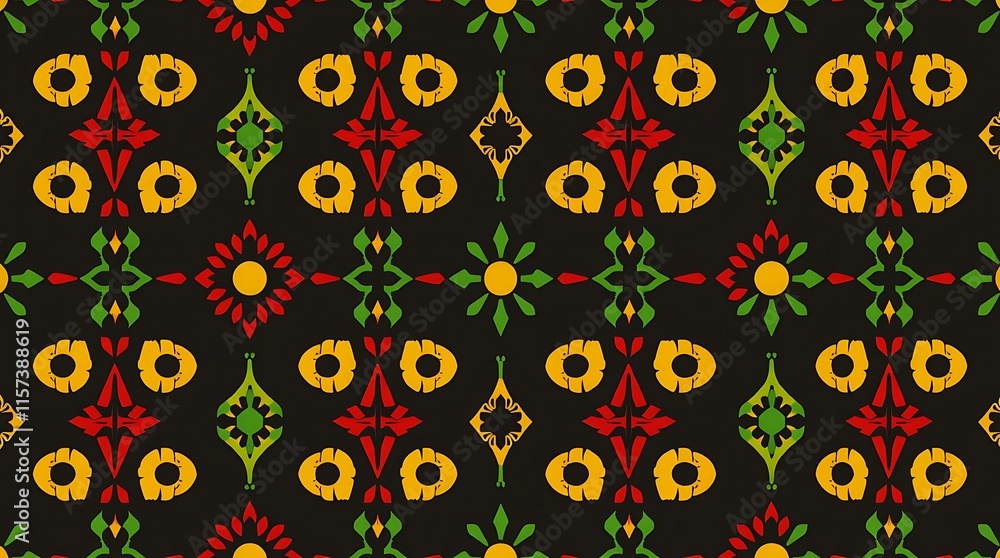 Fototapeta premium Vibrant Ikat Textile Pattern: Red, Yellow, and Green on Black