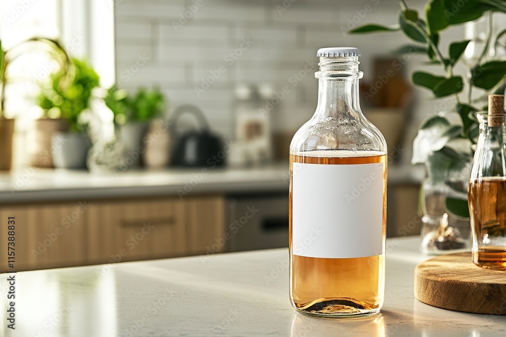 glass bottle mockup with blank label styled on kitchen counter with soft natural light glass bottle mockup with blank label styled on kitchen counter with soft natural light