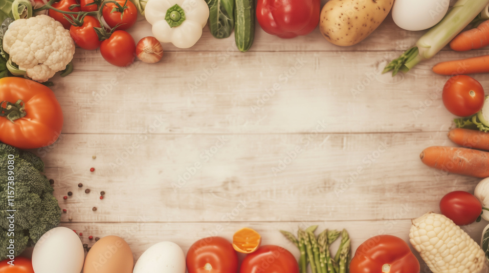 Fresh Vegetables and Eggs on Wooden Background with Copy Space Fresh Vegetables and Eggs on Wooden Background with Copy Space