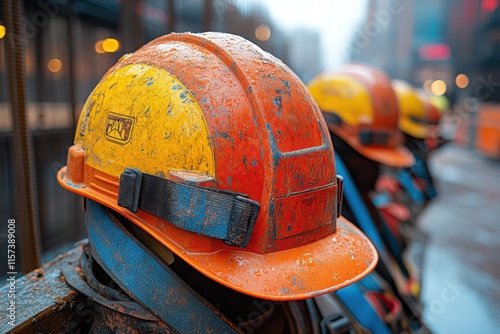 Construction helmets and seat belts showcased at an urban construction site in the morning photo