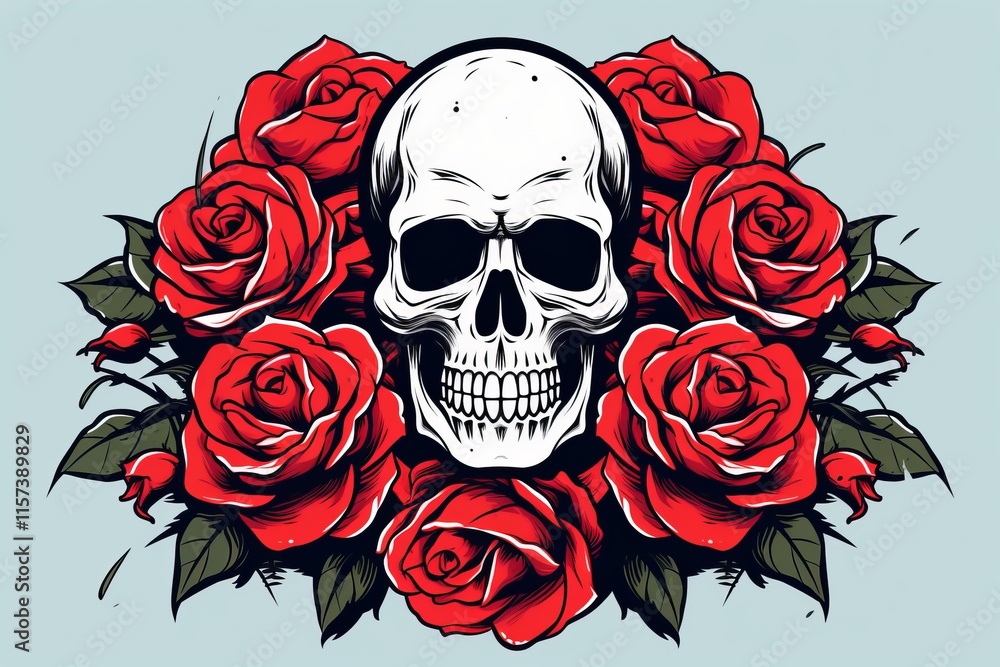 Minimalist skeleton illustration featuring a vibrant red rose on a clean white background Minimalist skeleton illustration featuring a vibrant red rose on a clean white background