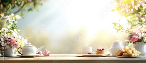 Panel kuchenny z motywem Elegant high tea setting on a garden table with floral arrangements and pastries ideal for promotional or editorial use.