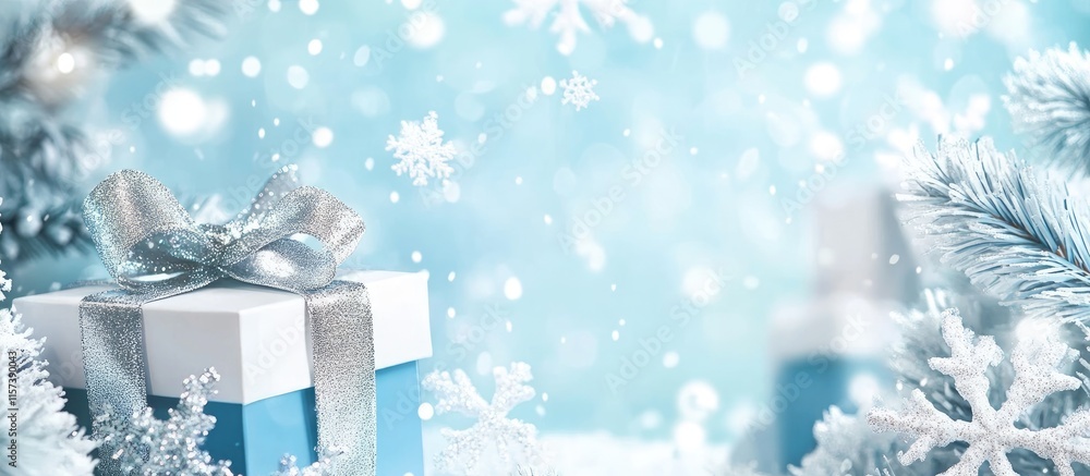 Handmade gift card featuring a white and blue box with silver ribbon and snowflake design on a soft winter background Handmade gift card featuring a white and blue box with silver ribbon and snowflake design on a soft winter background
