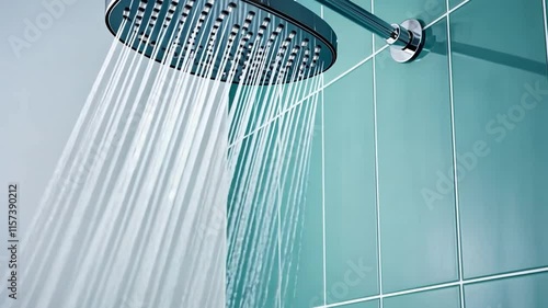 Refreshing Showerhead: Teal Tiles and cascading water. Close-up view of a modern rainfall showerhead in a spa-like bathroom setting.