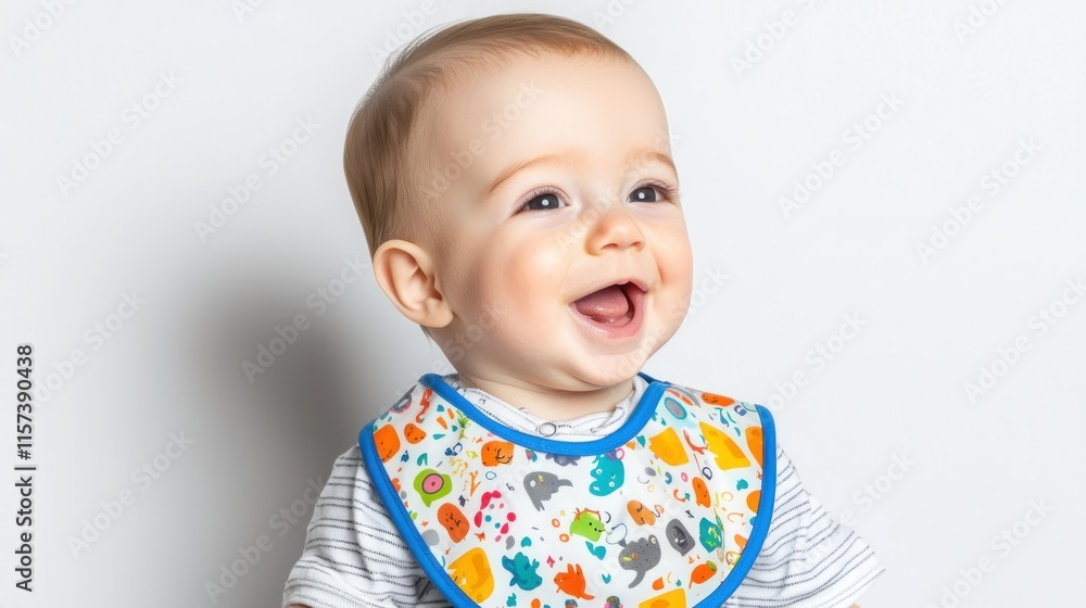 Happy baby wearing a colorful bib, smiling at the camera. Happy baby wearing a colorful bib, smiling at the camera.