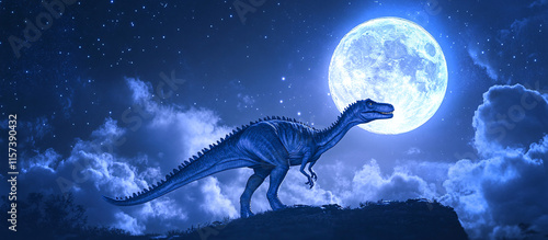 Fototapeta Naklejka Na Ścianę i Meble -  3D dinosaur standing under full moon with sketched clouds and faint starlight background.