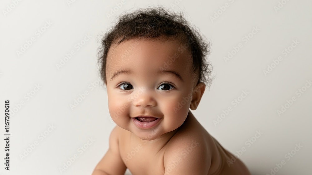 A smiling baby with curly hair, showcasing joy and innocence. A smiling baby with curly hair, showcasing joy and innocence.