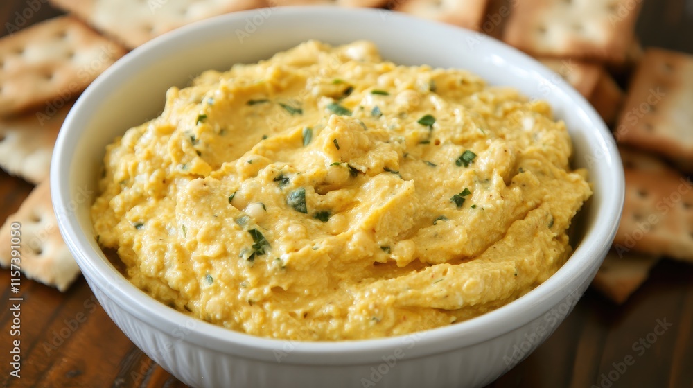 Chickpea Hummus Dip with Fresh Herbs Served in a White Bowl Alongside Crunchy Crackers on a Wooden Table Chickpea Hummus Dip with Fresh Herbs Served in a White Bowl Alongside Crunchy Crackers on a Wooden Table