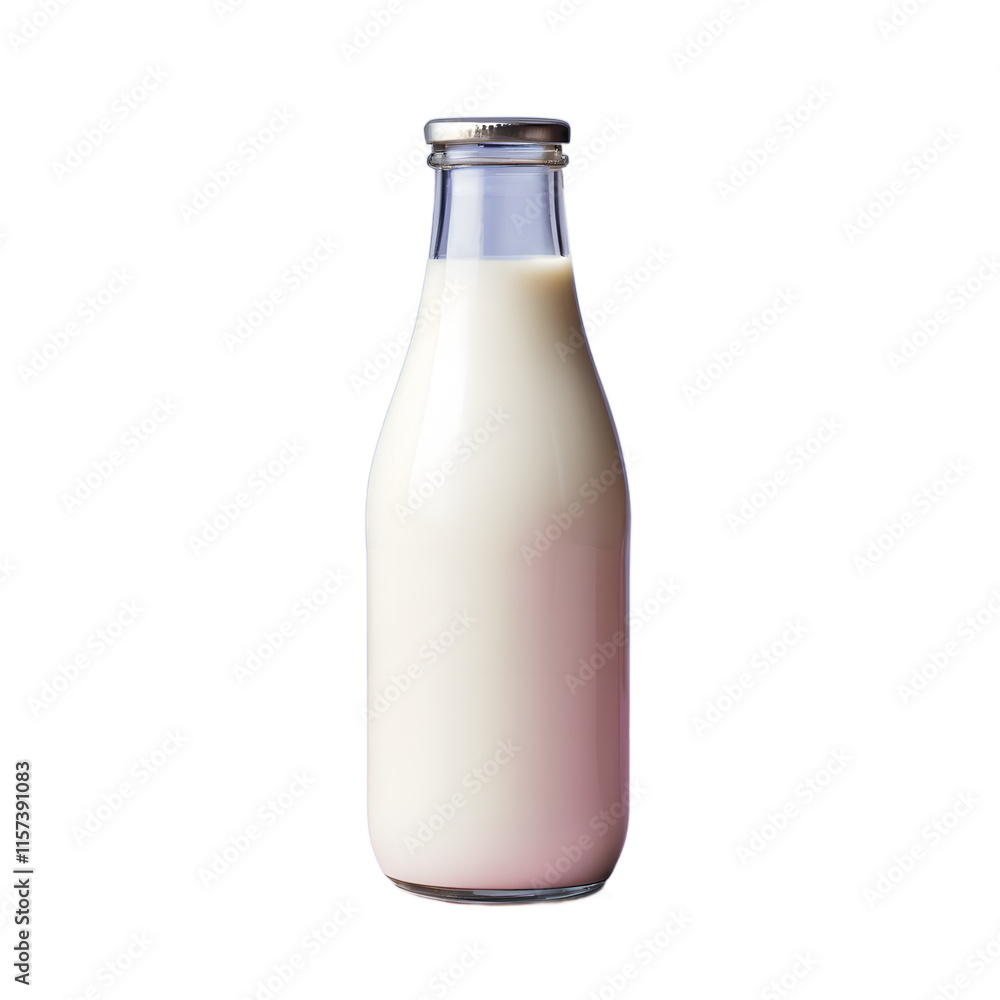 Full shot of a glass milk bottle with a metal cap. Full shot of a glass milk bottle with a metal cap.