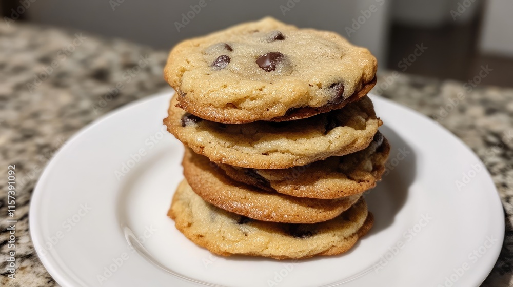 Delicious Stack of Homemade Chocolate Chip Cookies on a White Plate Perfect for Dessert or Baking Inspiration Delicious Stack of Homemade Chocolate Chip Cookies on a White Plate Perfect for Dessert or Baking Inspiration