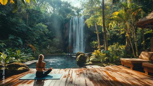 Fototapeta Naklejka Na Ścianę i Meble -  Woman meditating by jungle waterfall.