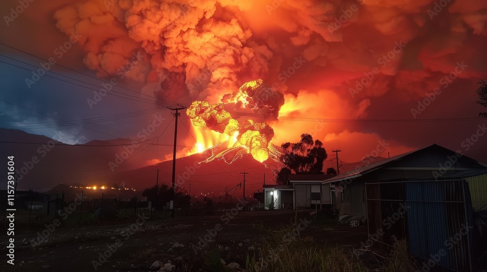 Volcano erupting with fiery lava and thick ash cloud in dark sky. Volcano erupting with fiery lava and thick ash cloud in dark sky.