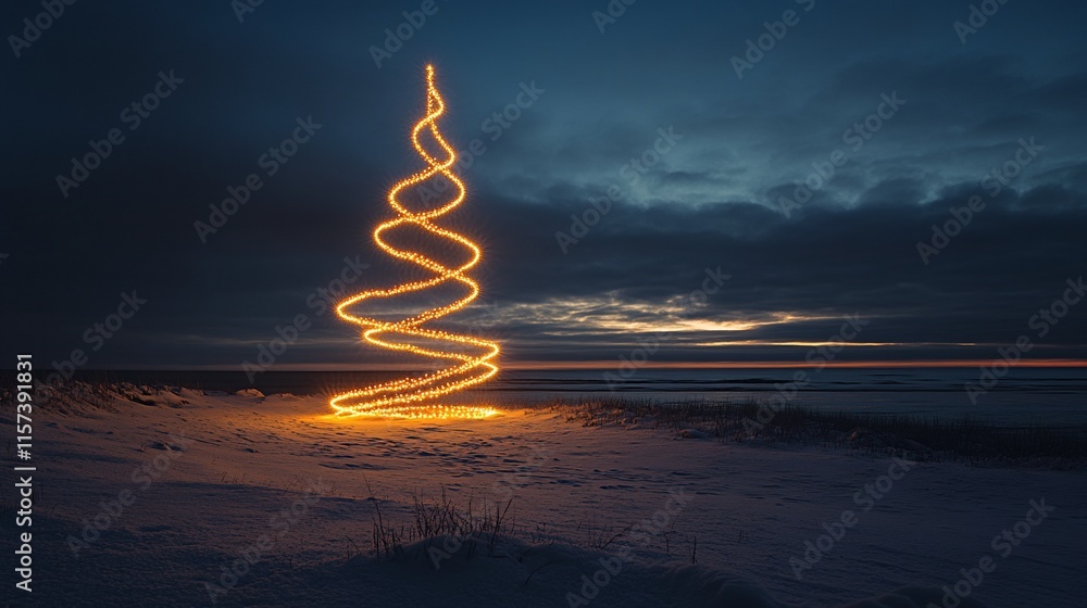 Obraz premium Spiral light painting Christmas tree on snowy beach at sunset.