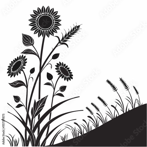 Sunflower Field vector silhouette black design white background