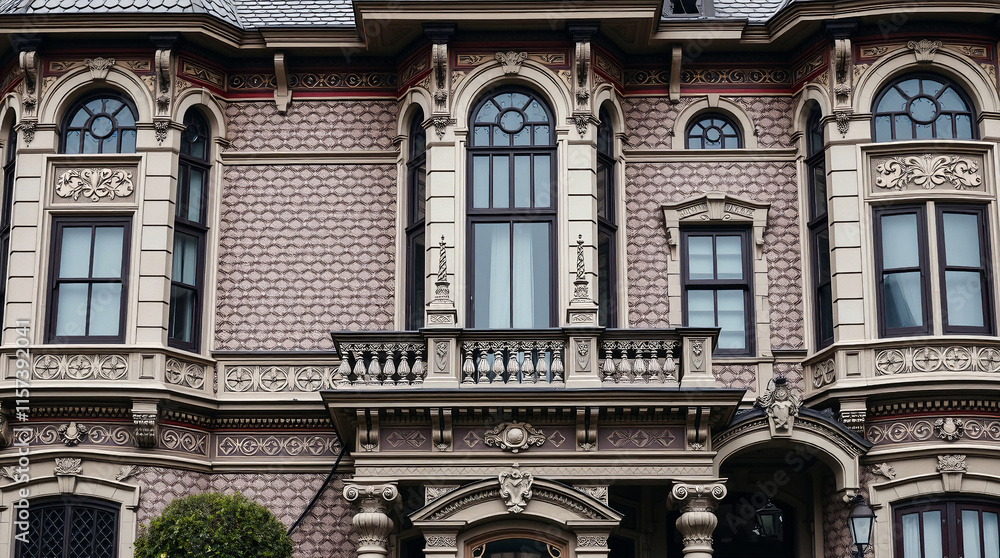 Fototapeta premium Brick Mansion Facade with Central Balcony and Ornate Windows