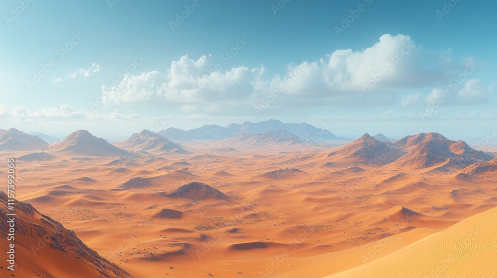 Naklejka premium Vast, orange desert landscape under a blue sky with fluffy clouds and distant mountains.