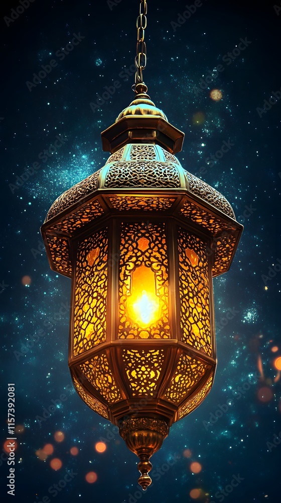 Ornate Golden Lantern Hanging Against Starry Night Sky Ornate Golden Lantern Hanging Against Starry Night Sky
