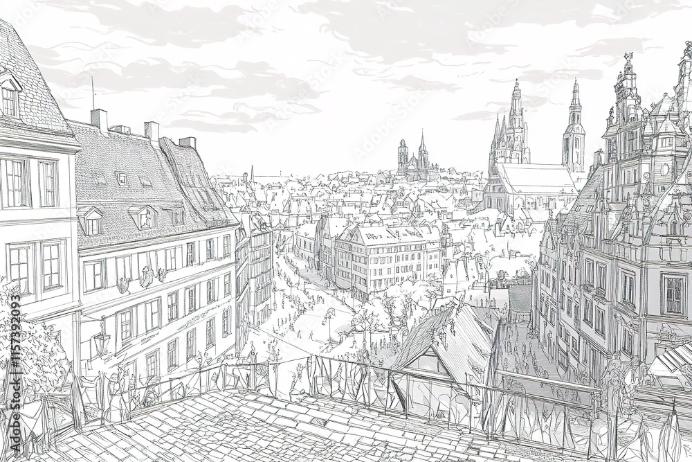 Obraz premium intricate cityscape rendered in engraving style with lines depicting historic architecture and cobblestone streets