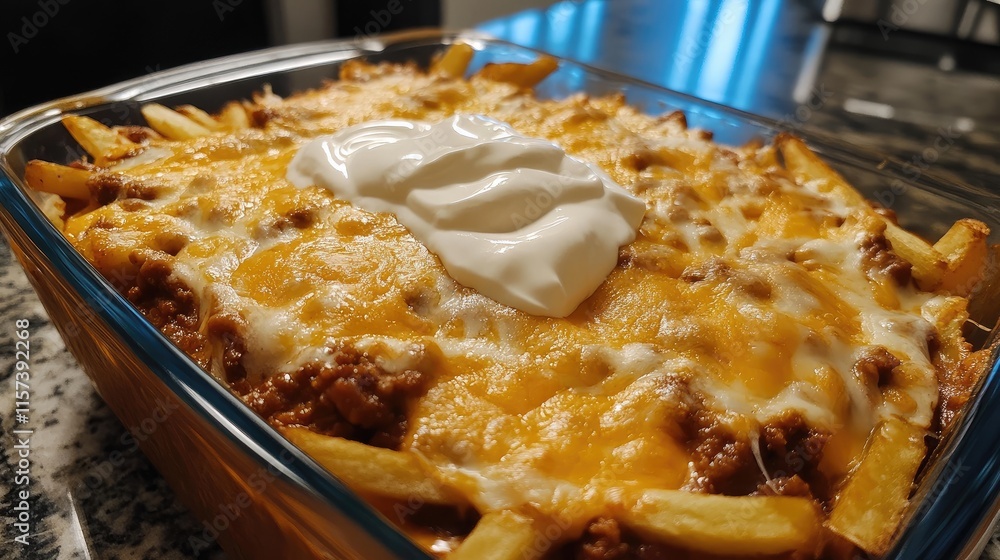 Delicious homemade chili cheese fries with melted cheese and a dollop of sour cream in a glass baking dish. Delicious homemade chili cheese fries with melted cheese and a dollop of sour cream in a glass baking dish.