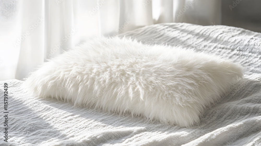 Cozy home decor setting with plush white pillow on bed capturing serenity and comfort in natural light Cozy home decor setting with plush white pillow on bed capturing serenity and comfort in natural light