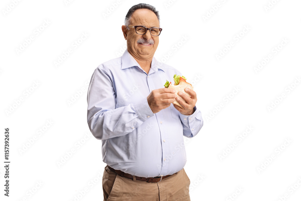 Disgusted mature man holding a sandwich Disgusted mature man holding a sandwich