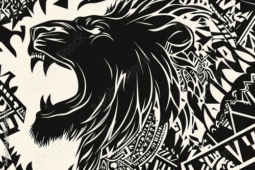 Wallpaper Mural bold black-and-white graphic poster featuring roaring lion silhouette with intricate tribal patterns Torontodigital.ca