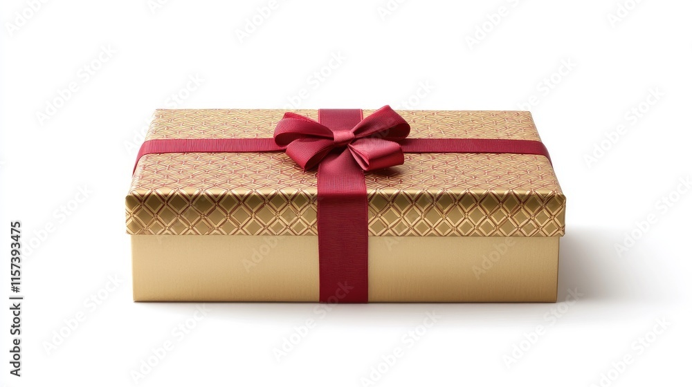Obraz premium Elegant luxury gift box in gold and red ribbon packaging isolated on white background ideal for premium gifts and special occasions