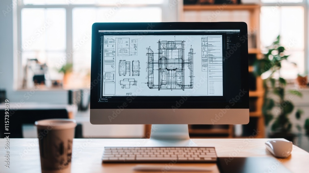 Zoomed in on a computer monitor showcasing a complex CAD design with a coffee cup and cled sketches tered around reflecting the brainstorming phase of prototyping. Zoomed in on a computer monitor showcasing a complex CAD design with a coffee cup and cled sketches tered around reflecting the brainstorming phase of prototyping.