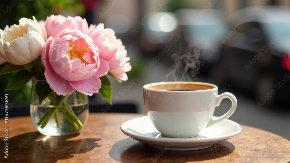 table in a street city cafe decorated with a glass vase with a bouquet of peonies and a white cup of hot coffee. A cozy spring city scene. A place to meet and talk