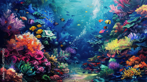 Fototapeta Naklejka Na Ścianę i Meble -  A breathtaking underwater diving scene with scuba divers exploring a vibrant coral reef filled with marine life and vivid colors